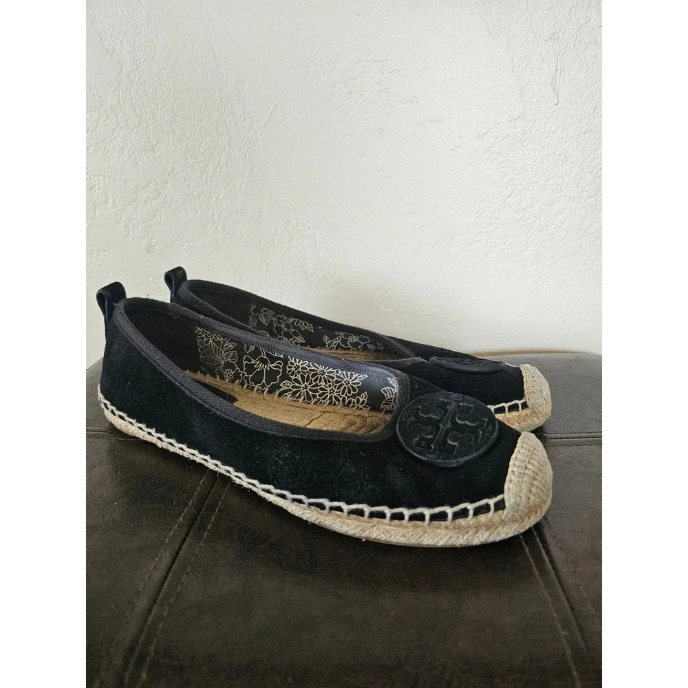 TORY BURCH BLACK‎ SUEDE BOHEMIAN CHIC FLAT CAP TOE ESPADRILLE FLATS SZ 7.5